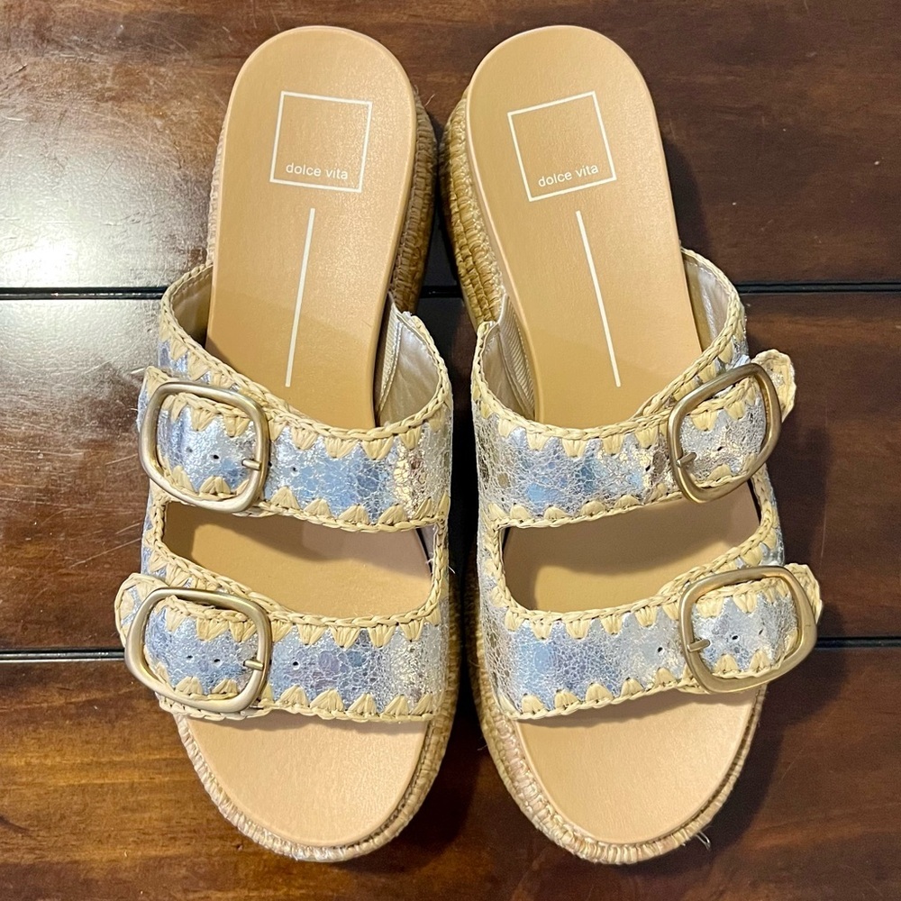 Dolce Vita Beige and Light Blue Double-Buckle Slide Sandals